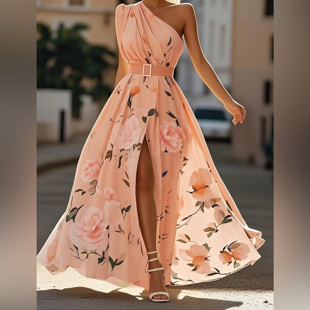 NWT FEHAUTE One Shoulder Floral Maxi Dress Belted Formal Wedding Guest